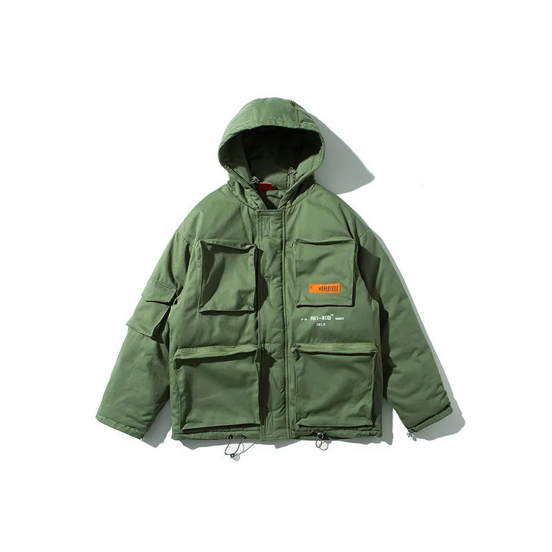 Seveyfan Mens Multi Pockets Winter Jacket and Coat Oversized Hip Hop Hooded Parkas Hooded Windbreaker Coat Male R2918