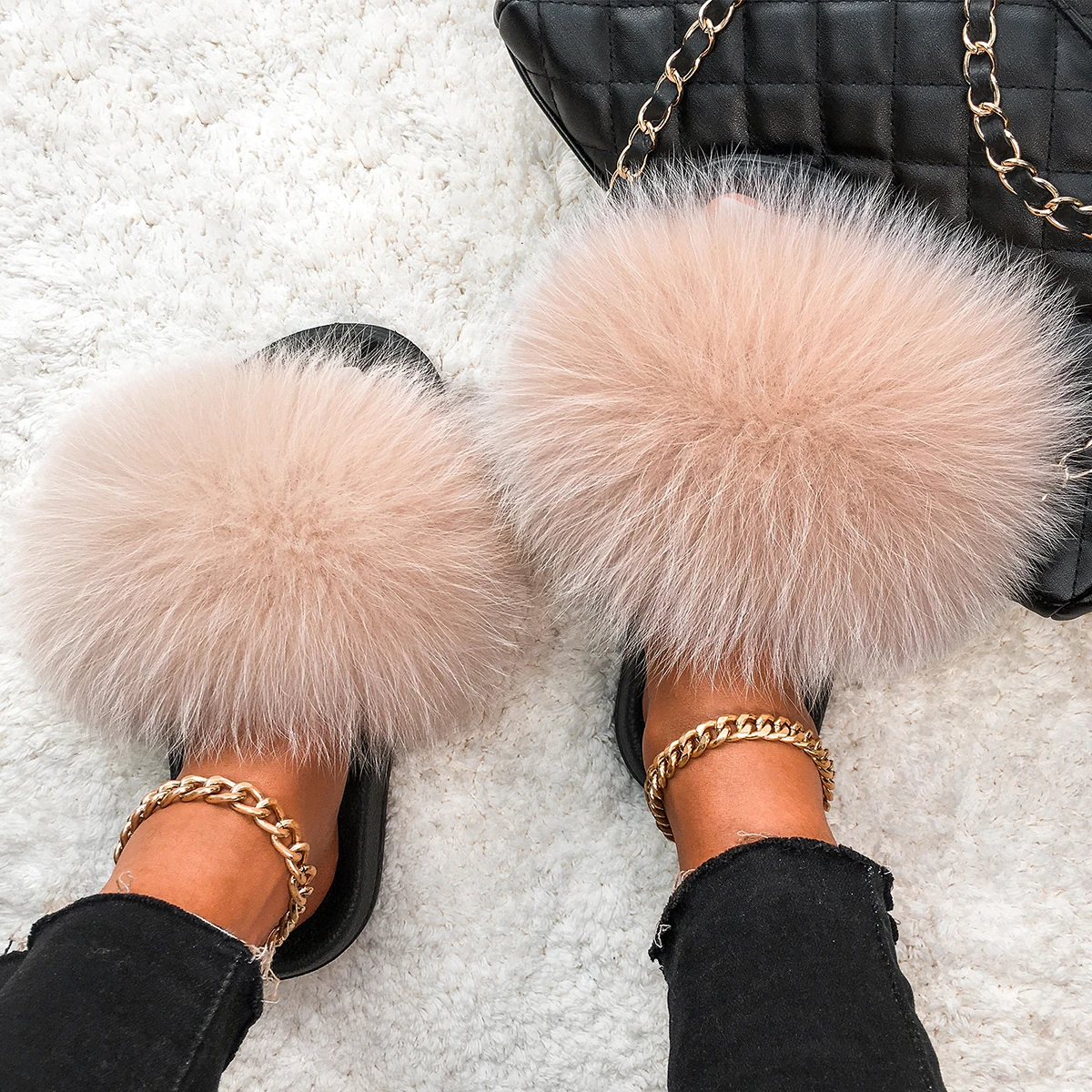 Women Luxury Real Raccoon Fur Brown Outdoor Sliders Slides Slippers Sandal Shoes 
