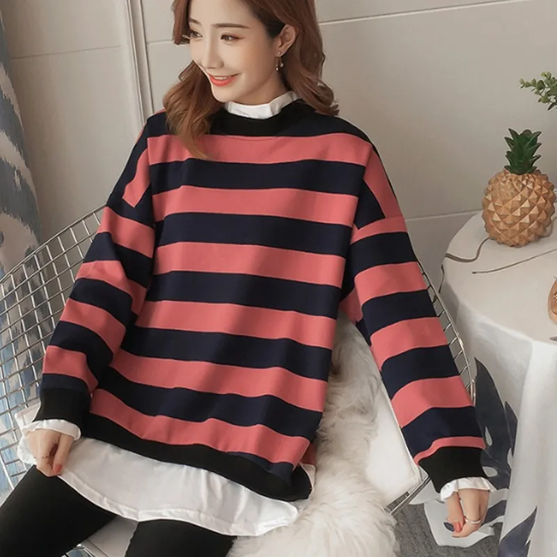 Autumn Fashion Straiped Maternity Sweatshirt Korean Casual Loose Fake two pieces Pregnancy Sweatshirt Clothes for Pregnant Women