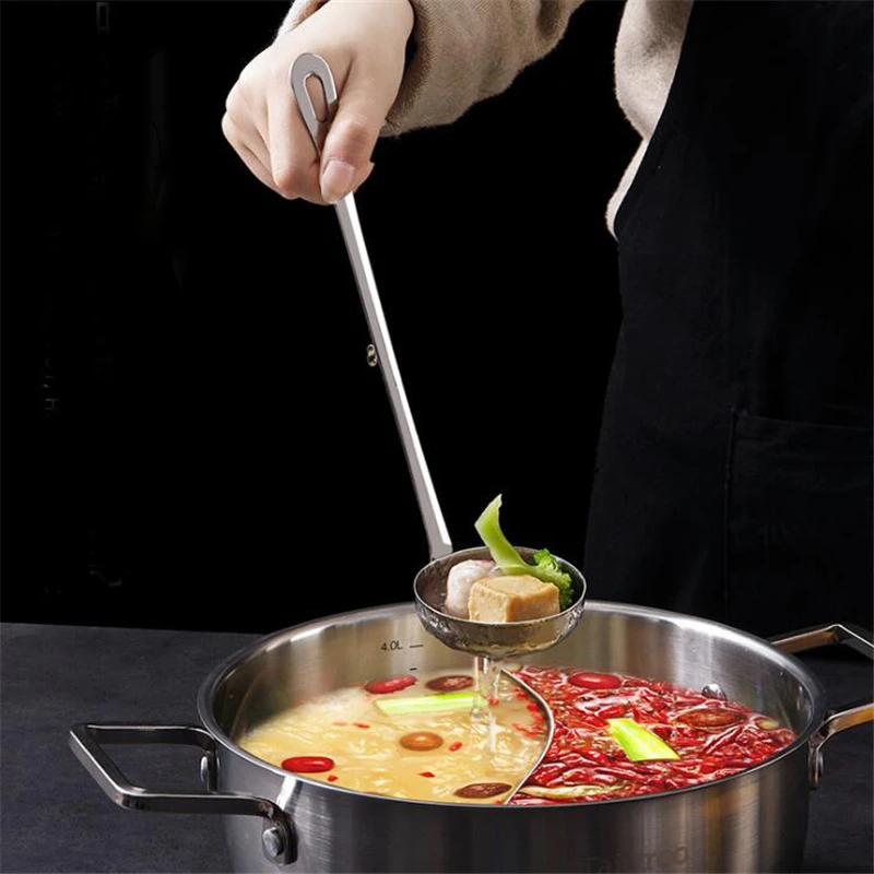 Ложка для супа с длинной ручкой, горячая кастрюля, дуршлаг, ложка-ситечко, столовые ложки, портативная столовая посуда, нержавеющая сталь, фильтрующая ложка с крюком