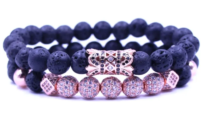 

8mm 2PCS/Set rose gold elastic adjusted dg354 black stone volcanic lava micro pave cz zircon cubic zirconia tube Bracelet