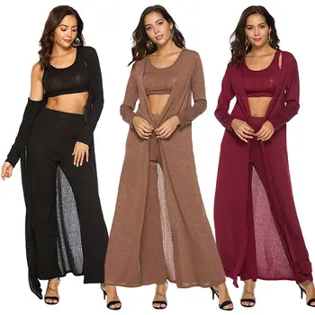 

Women Knitted 3 Piece Set Strap Crop Top Vest High Waist Wide Leg Pant Trousers Long Sleeve Cardigan Overcoat Suits Streetwear
