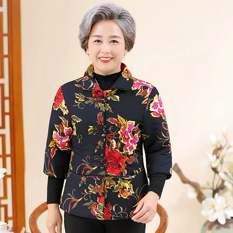 

Chinese Style Elderly Woman Quilted Basic Coat Oriental Flower Half Sleeve Ethnic Button Design Puffer Padded Coat Outerwear Mom