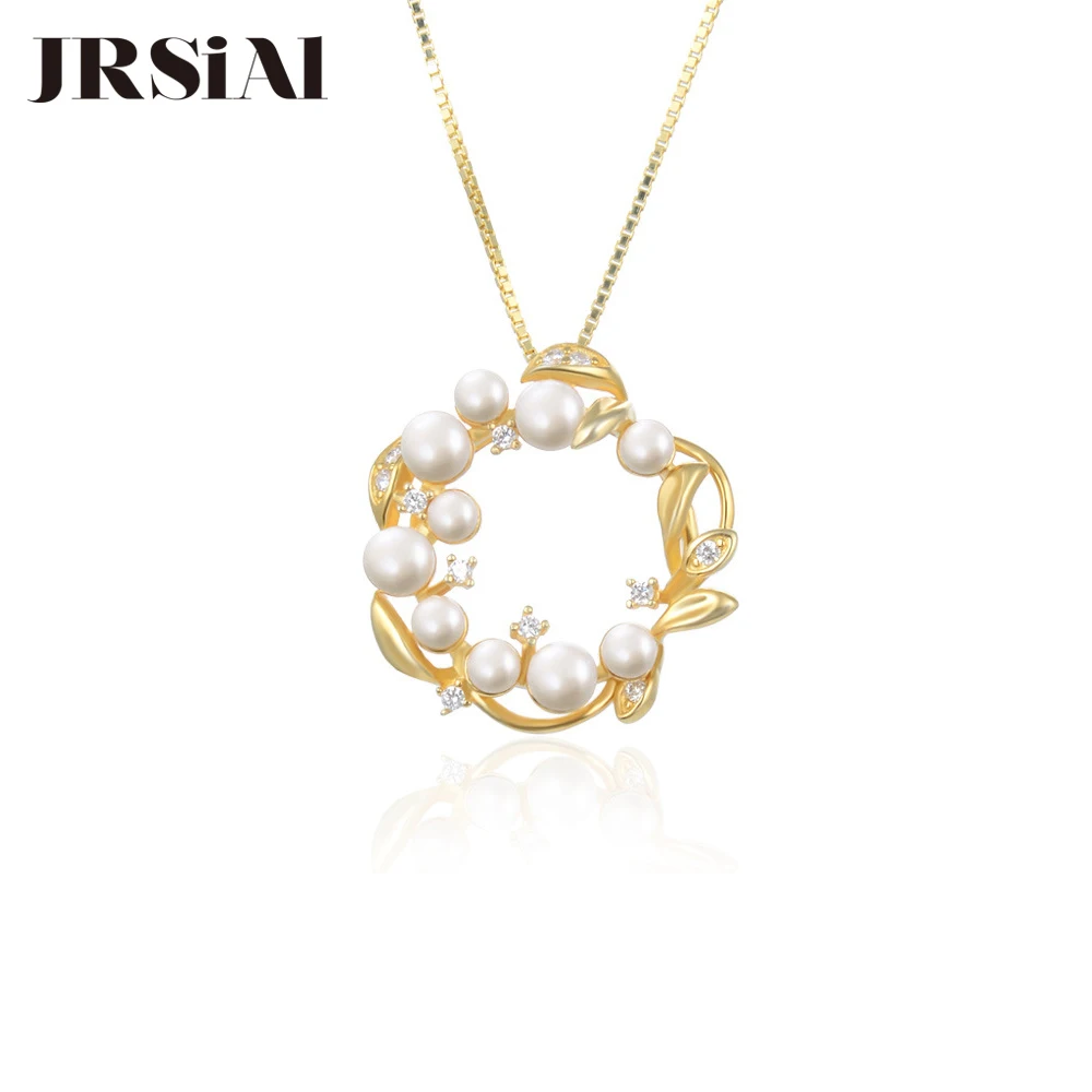 

JRSIAL 925 Sterling Silver Jewelry Zircon Wreath Pearl Pendant Set with Bead Clavicle Chain Necklace JRP0127