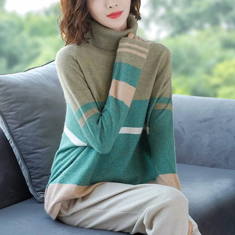 Color Matching Sweater Women's Loose High Neck Thick Sweater Women Long Sleeve Commute Turtleneck Knitted Tops Casual Pullover Color Matching Sweater Women's Loose High Neck Thick Sweater Women Long Sleeve Commute Turtleneck Knitted Tops Casual Pullover