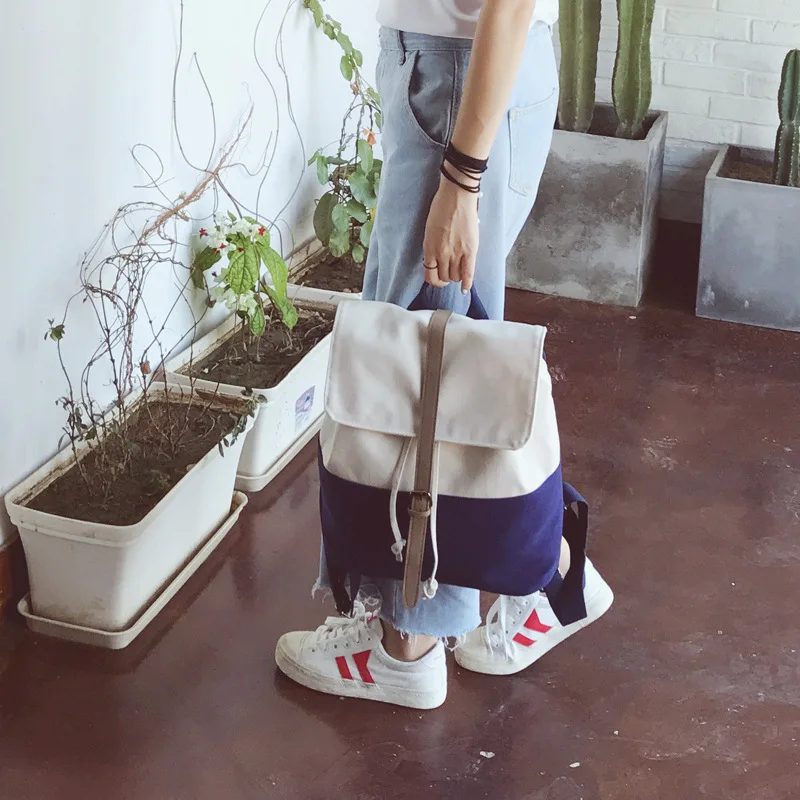 

2019 New Style South Korea Dongdaemun Contrast Color Drawstring Canvas Backpack Soft Sister Cool Chamber Pot Leather Belt School