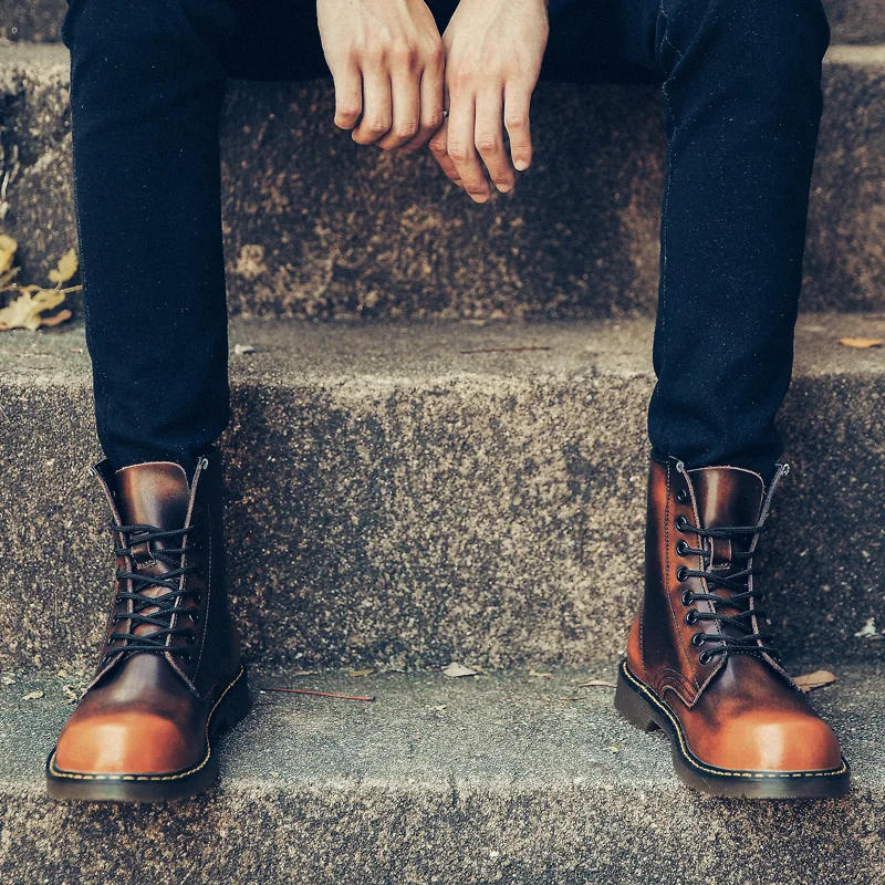 Мужские ботинки ручной работы; теплые роскошные брендовые ботинки на меху; цвет синий, бордовый; Повседневная Рабочая обувь; мужские резиновые военные ботинки для тренировок