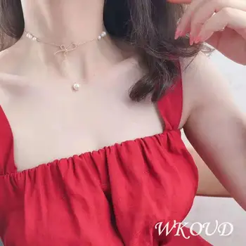 

WKOUD Fine Pearl Jewelry Natural Freshwater Pearl Choker Necklace For Women 3-5mm 14K Gold Plated Bow Style Sweet Lovely Style