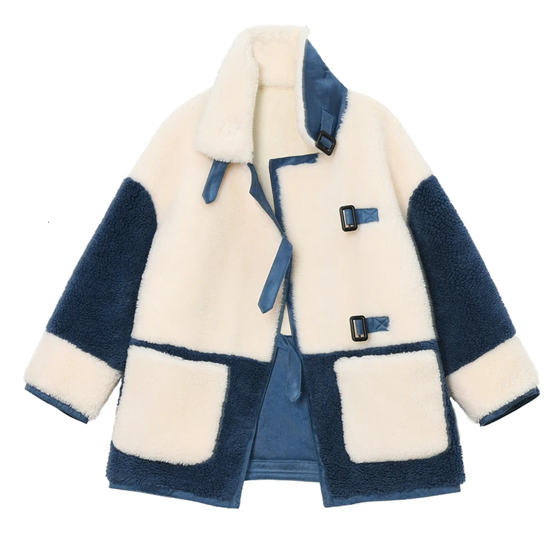 [EAM] Свободная куртка из овечьей шерсти контрастного цвета большого размера, новинка, Женское пальто с отворотом и длинным рукавом, модное осенне-зимнее пальто, 1K5320 - Цвет: blue