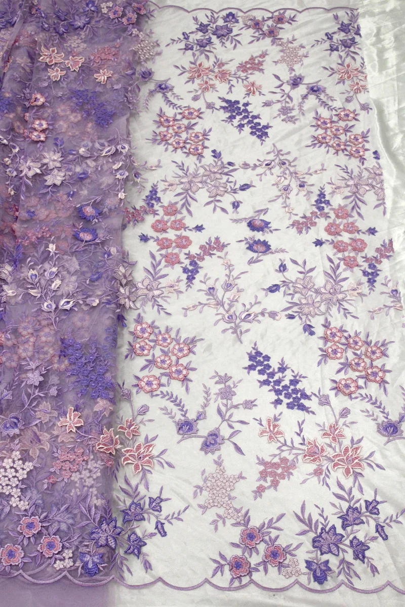 Tulle Net Mesh 3D Embroidery Flowers Lace Purple Lilac Dresses Lace Fabric Table Cloth Stage Cloth Laces