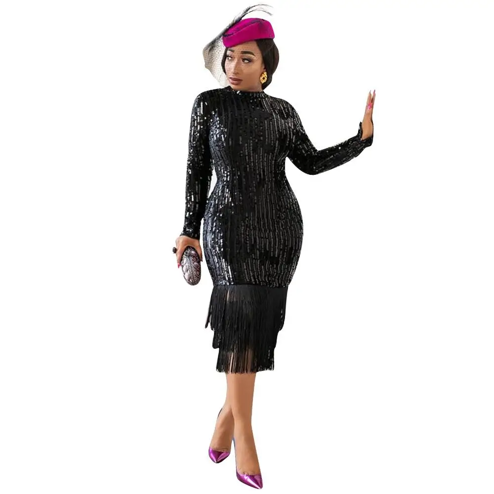 

Women Black Silver Sequined Party Dresses 2019 Autumn Long Sleeve Pencil Dress Fashion Round Neck Tassels Dress Plus Size S-3XL