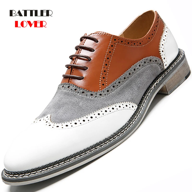 Full Brogue Men Casual Dress Shoes White Patchwork CONTRAST Color Oxford Genuine Leather Formal Shoes Party Gentleman British
