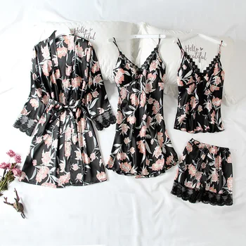 

Print Flower 4PCS Pajamas Set Women Kimono Bathrobe Gown Satin Silky Sleepwear Sexy Pijamas Suit Nightwear Loose Homewear
