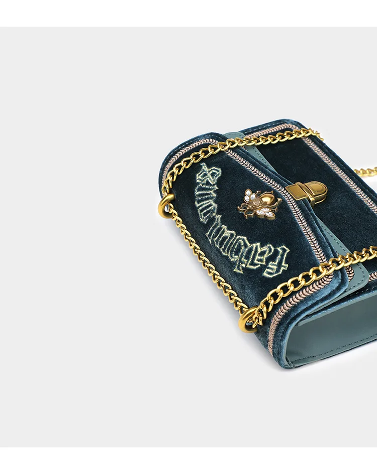 Black Blue Green Luxury Embroidered Velvet Handbag for Women Brand Gold Chain Shoulder Bags Female Small Bee Lock Cross body Bag (16)