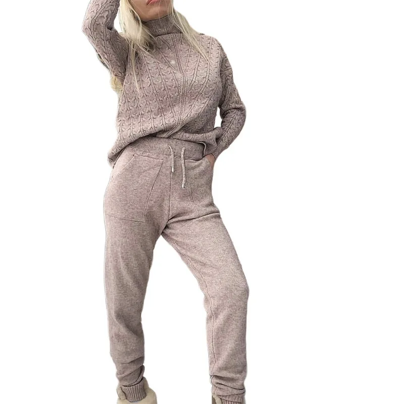 2 Pieces Woman Knitted Suits Wool Warm Sports Sets Ladies Turtleneck Sweater+Pants Casual Autumn Winter Slim Tracksuits New - Цвет: Khaki