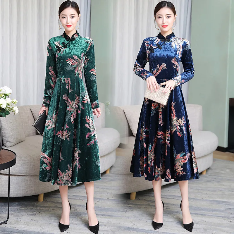 

2019 Autumn New Style Elegant Middle-aged Women Dress Large Size Chinese-style Improved Cheongsam Slim Fit Slimming Floral Print