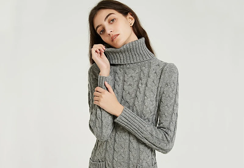 Wixra Knitted Dress Autumn Winter Solid Turtleneck Mid-Calf Pockets Sweater Dresses Women's Clothing