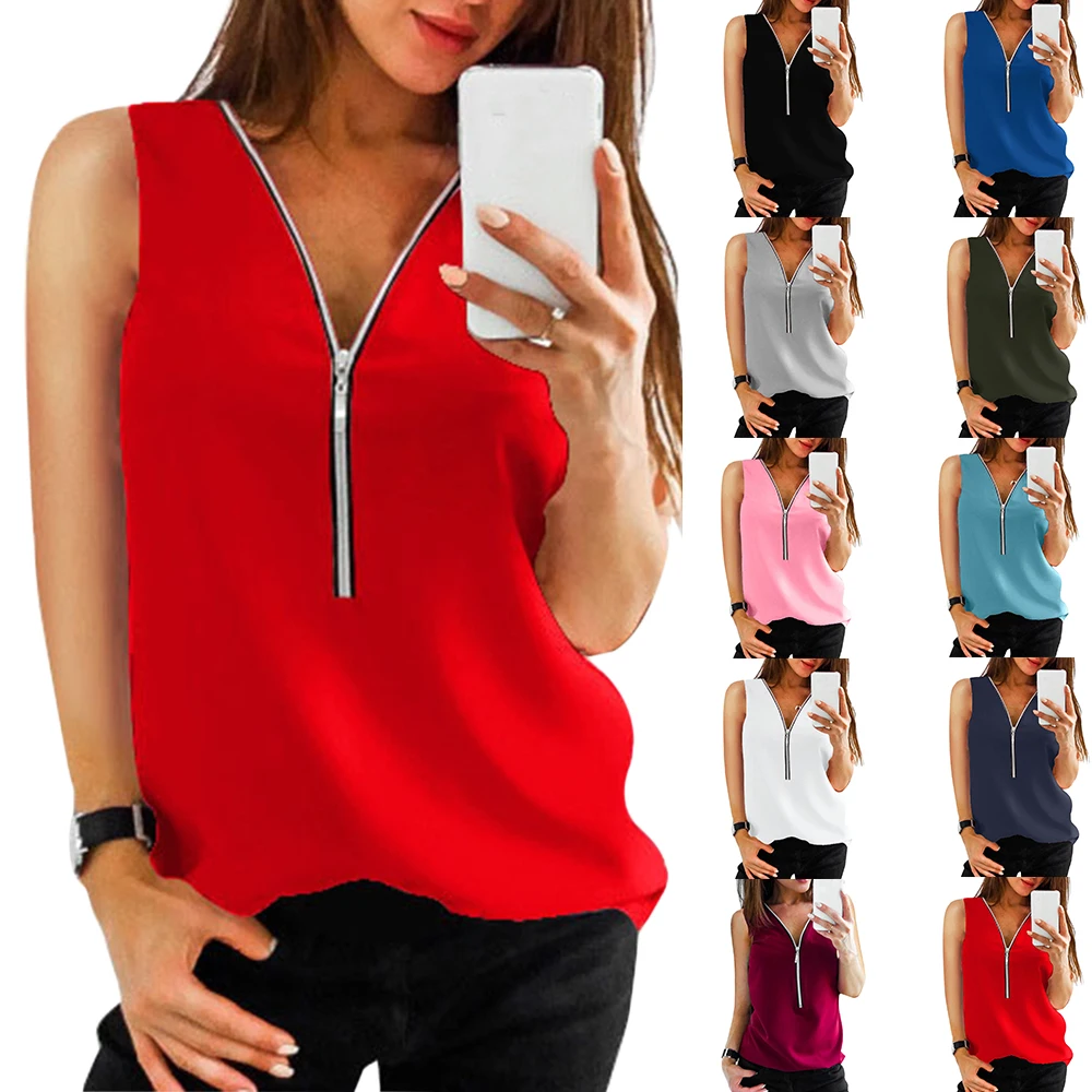 

2020 Summer Sleeveless Blouses Women Clothing Vest Solid Color V-Neck Shirts Loose Chiffon Zipper Blusas Mujer Women Tops