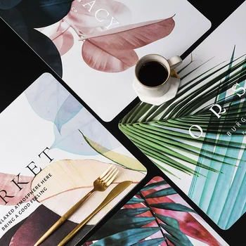 

Household Cartoon Waterproof Mat Dining Table Insulation Mat Green Leaf Plant Pattern Kitchen Placemat Coaster 1Pcs