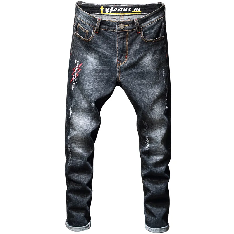 Джинсы брюки модели для мужчин осень зима новые Pantalon De Mezclilla Para Hombre стрейч Вышивка отверстия дизайнерские джинсы для мужчин - Цвет: Серый