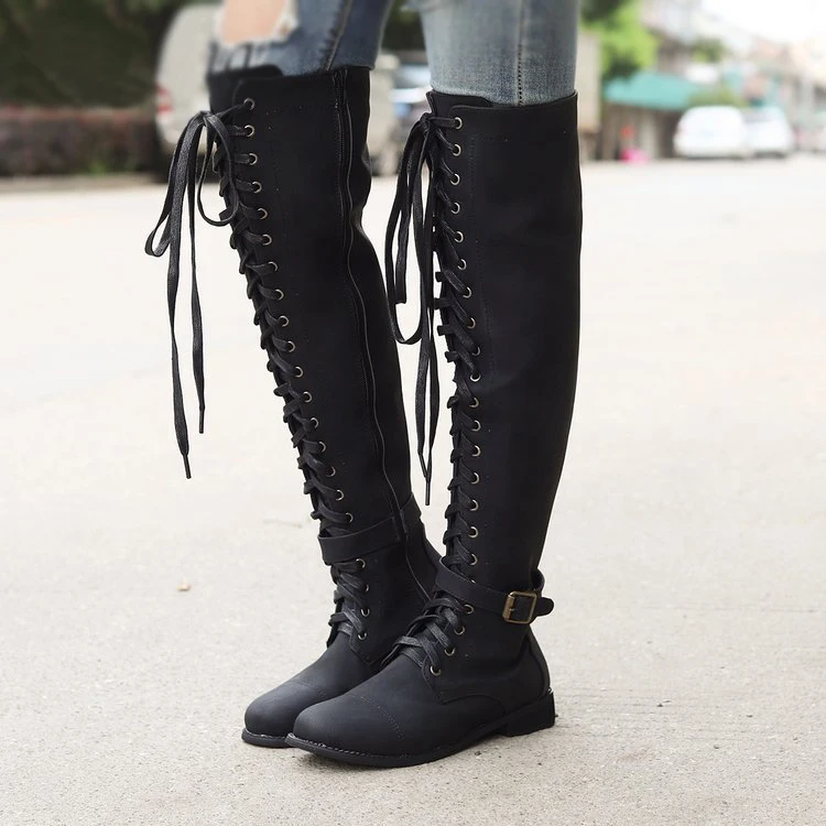 

Sexy Lace Up Thigh High Boots Women Winter Shoes Leather Over-the-Knee Boots Female Flat Shoes Women Long Boots Rome Botas Mujer