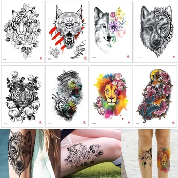 

Animal Tattoo Waterproof Temporary Woman Man Body Art Tattoo Sticker Wolf Tiger Lion Leopard Decal Water Transfer Personality 3D