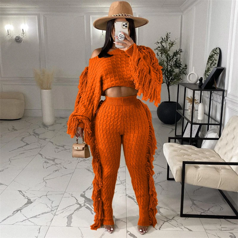 Ronikasha New Woman Tassel Sweater Two Piece Set Solid Long Sleeve Crop Top + Pants Fashion Autumn Winter Suits Tracksuit Outfit red jogging suit