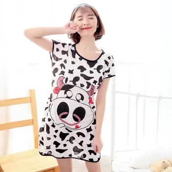 

Women Print Cartoon Sexy Milk Silk Sleepwear Round Neck Lingerie Kawaii Nightdress Strap Thin Female Underwear Nighty Home Wear