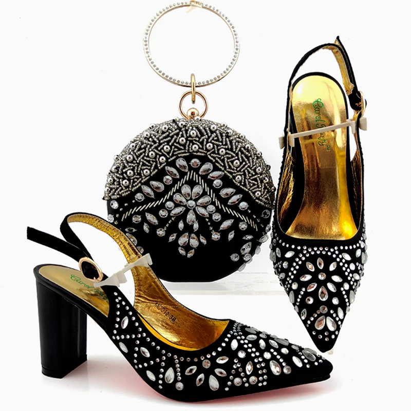

Rhinestones black nigeria sandal shoes with clutches bag matching set newest sandal evening bag set free ship SB8468-5