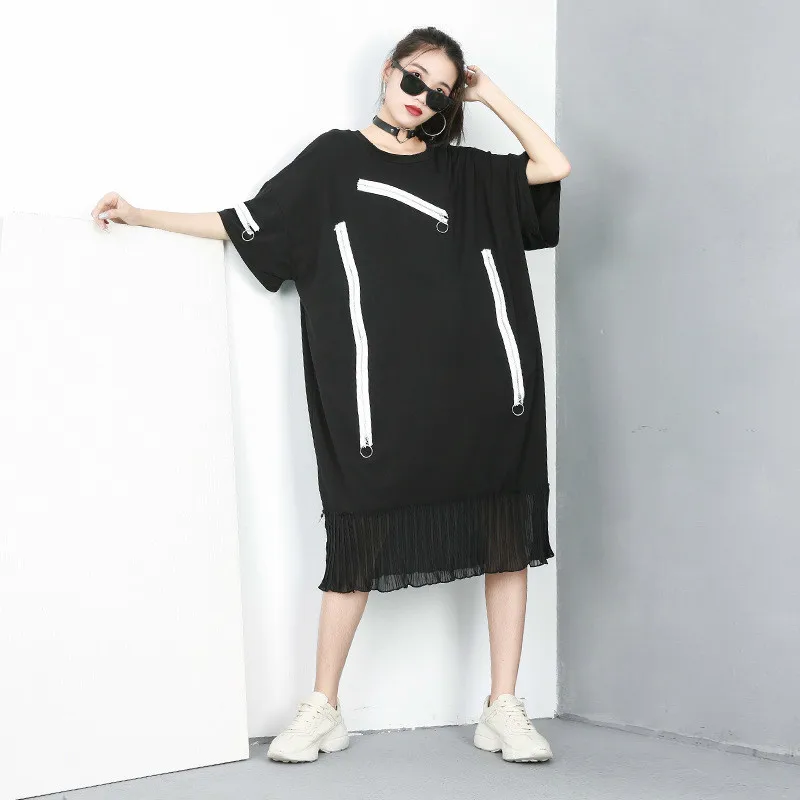 New Women Summer Autumn Dresses Zipper Patchwork Chiffon Pullover Dress Loose Black White Oversize Vestido Casual T-shirt | Женская