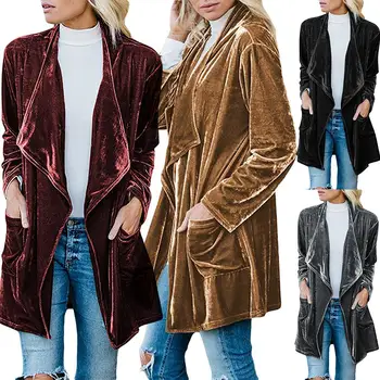

Newest Women Autumn Long Sleeve Lapel Collar Velour Pockets Trench Coat Cardigan Hot