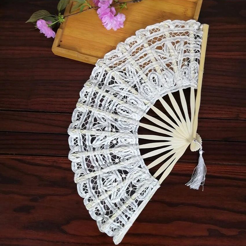 Chinese Style Decorative Bamboo Fans Lace Folding Hand Held Dance Fans