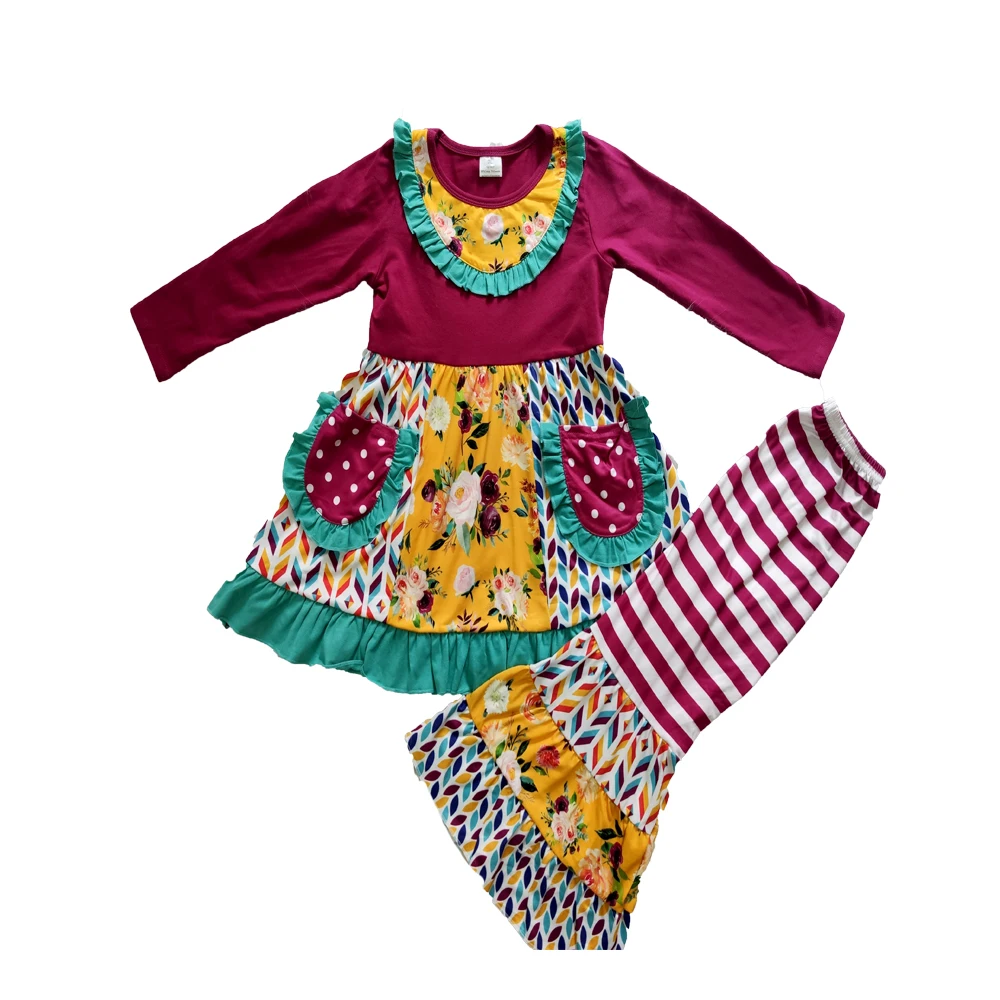 

Wholesale/retail flower outfits baby girls patchwork tops+stripe flare pants 2pcs set kids boutique children's clothing suit