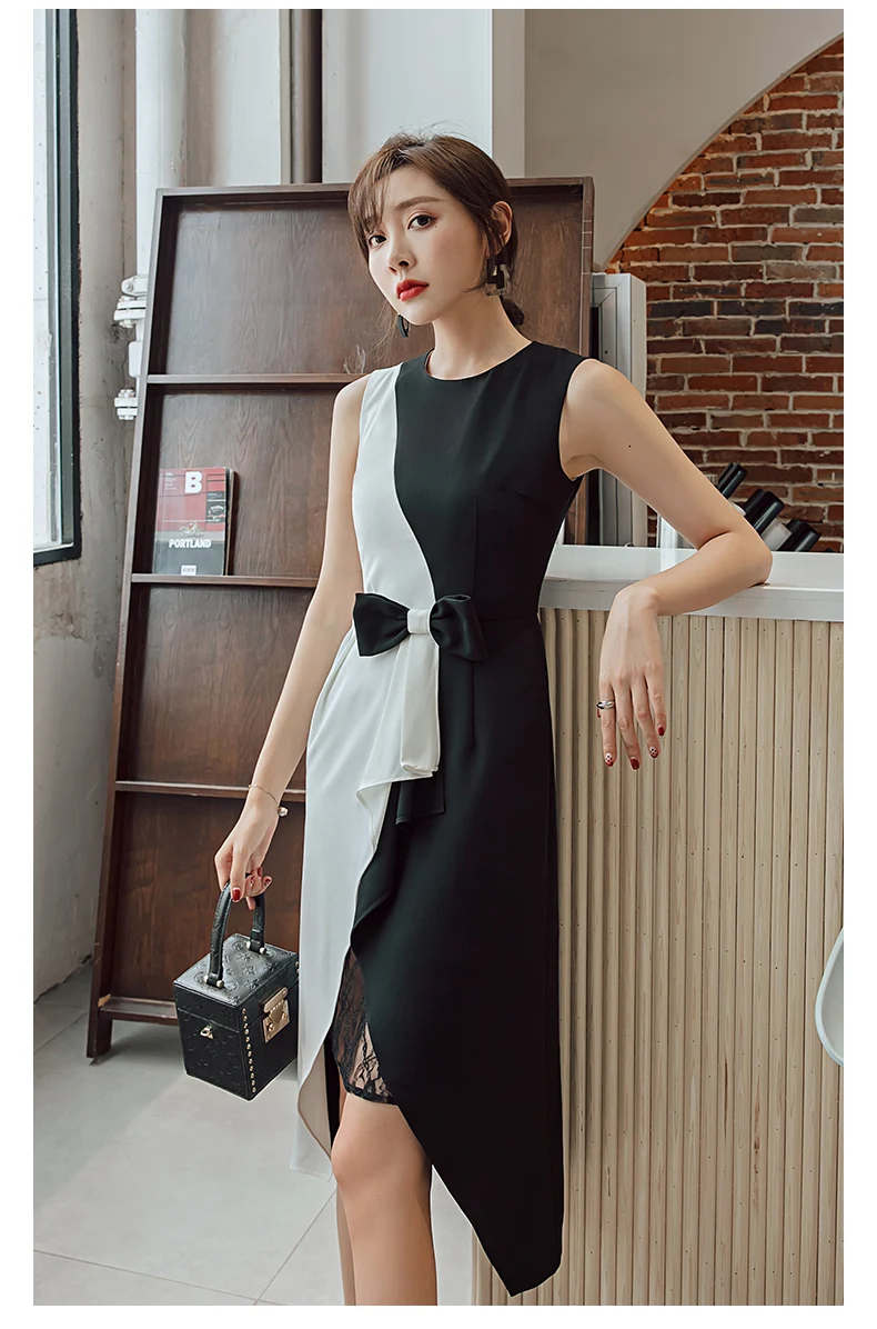 YIGELILA Summer New Arrivals Patchwork Dress O-neck Sleeves With Bow Elegant Dress Empire Mid-calf Office Lady Dress 65224