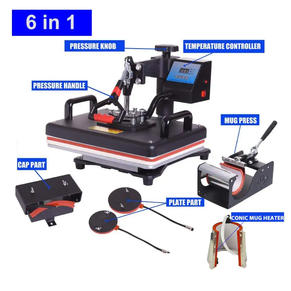 

6 in 1 Combo Heat Press Machine Sublimation Printer Heat Transfer Mug/Cap/T shirt/Phone case/Plate/Bag/Puzzle/Cloth Printing
