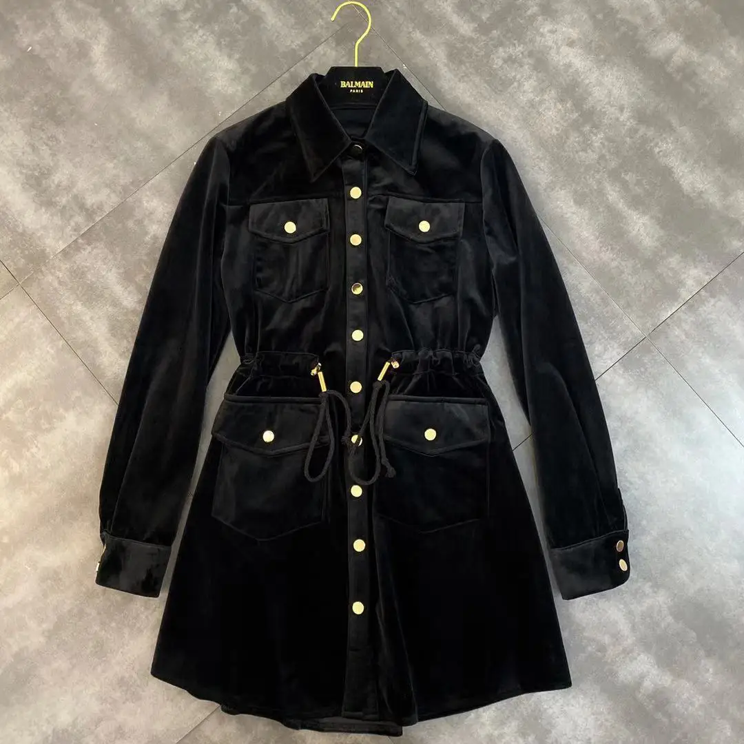 

2019 winter new lapel long sleeve pocket waist dress