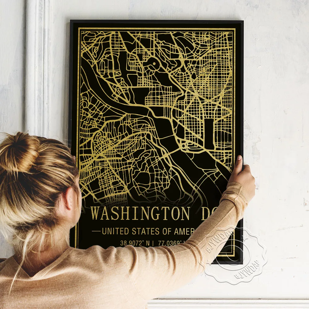 United States Of Amercia Washington Dc Black Golden Image Line Map Poster Minimalism Geography Location Prints Decor | Дом и сад