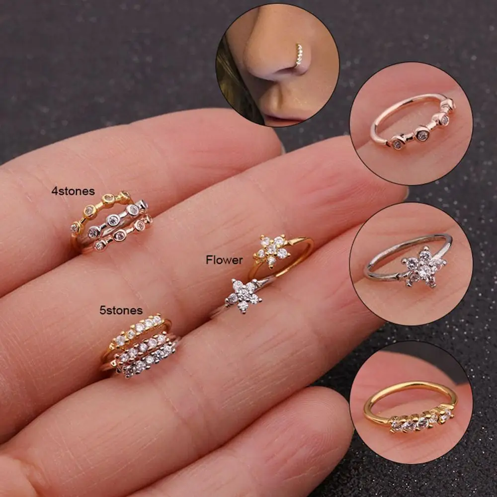 

1PC Silver And Gold Color 20gx8mm Nose Piercing Jewelry Cz Nose Hoop Nostril Ring Flower Helix Cartilage Tragus Earring