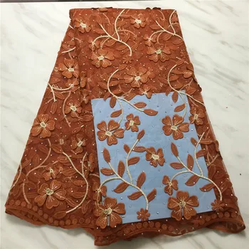 

Burnt Orange African Lace Fabric Wedding Nigerian 3d Lace Fabric stone High Quality Lace Embroidery Tulle Lace Fabric For 5yards