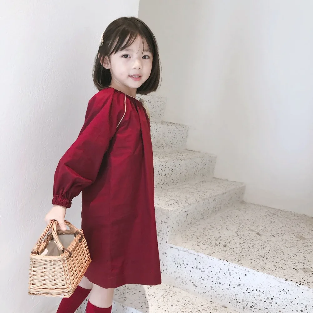 Платье для девочек Хлопковое однотонное красное платье с длинными рукавами эксклюзивное детское платье для девочек весенне-осенняя одежда для девочек