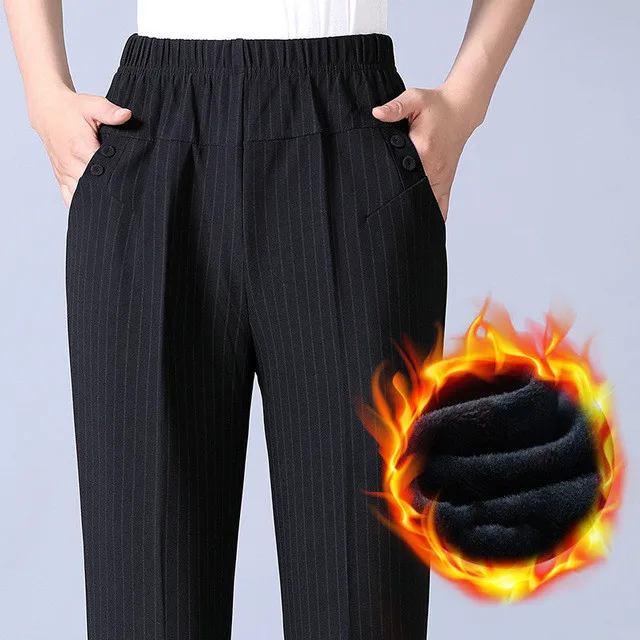 Black striped B Зимние женские теплые бархатные брюки среднего возраста с эластичной резинкой на талии, свободные прямые брюки, повседневная одежда для мамы размера плюс - Цвет: Black striped B