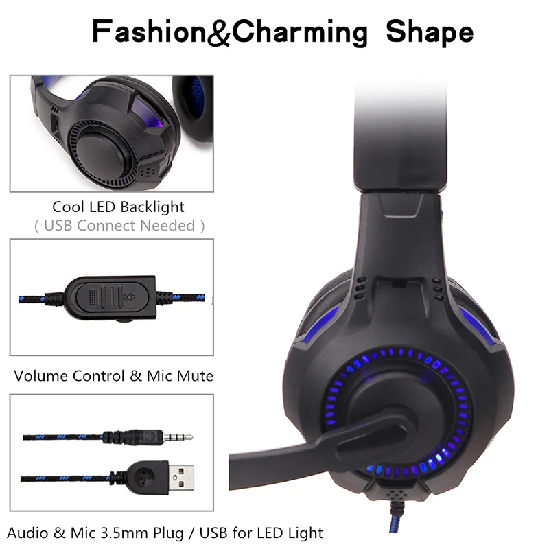 SY885MV LED Light profession Gaming Wired Headset With Mic Stereo Over Ear Computer Phone Gaming Headphone For PC XBox One PS4