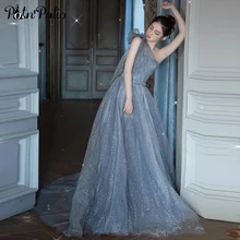 

One Shoulder Evening Dresses Long 2021 Elegant Light Blue Sparkly Sequined Tulle Backless Celebrity Dresses With Train