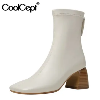 

CoolCept Women Ankle Boots Rthick High Heel Square Toe Zipper Shoes Winter Warm Boots Women Fahion Party Footwear Size 34-40