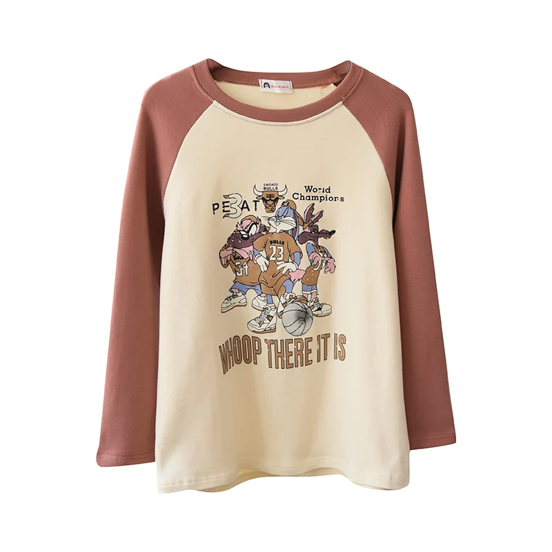 Новинка; зимняя плотная футболка для девочек-подростков; пуловер с забавным мультяшным принтом; топ с длинными рукавами; хлопковая футболка в стиле пэчворк; Женские базовые футболки