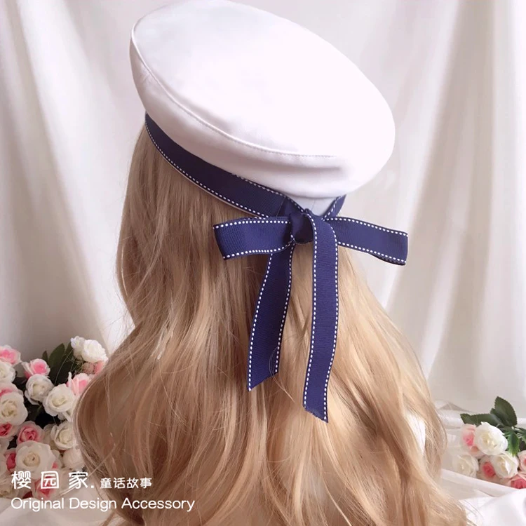 

Girl Heart Soft Girl LOLITA Bow Ribbon Navy Wind Beret Joker Blue White Hat Cosplay Performance