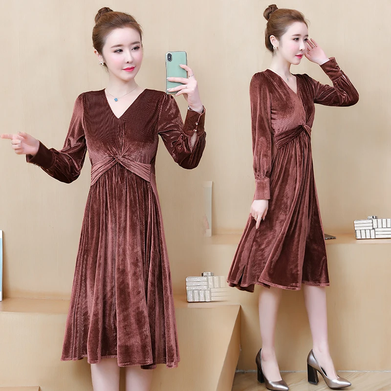 

S-5XL Plus Size Women Fashion Chestnut Brown Vintage V-Neck Knee Length Dress 2020 Spring Natural Elegant Long Sleeve Dresses