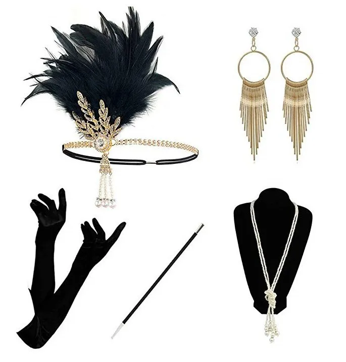 1920s Great Gatsby, винтажные аксессуары для волос, Хлопушки, головные уборы с перьями, ожерелье, перчатки, серьги, дымчатый стержень, 5 шт. в комплекте, одежда для вечеринок