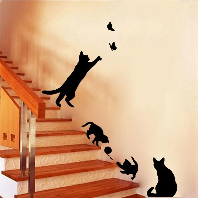 

funny black cats family play with ball butterfly warm wall sticker home decor living room vinyl decals gifts furniture mural art
