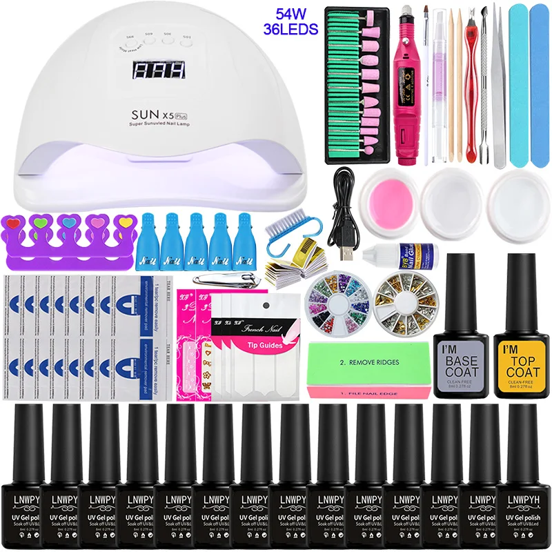 Набор для маникюра 54/24 Вт СВЕТОДИОДНЫЙ УФ светильник на выбор 14/12 цветов Гель лак